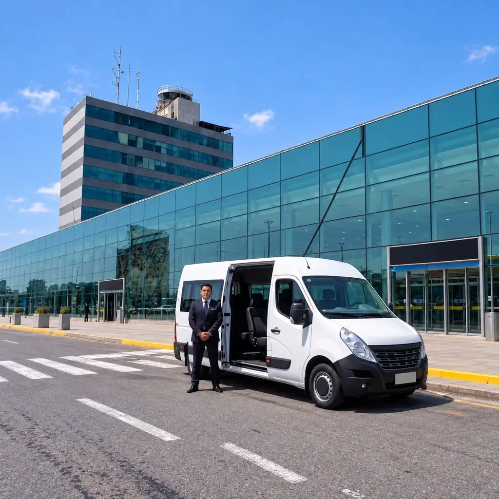 Minivan Sprinter blanca con la puerta abierta frente al Aeropuerto Jorge Chávez